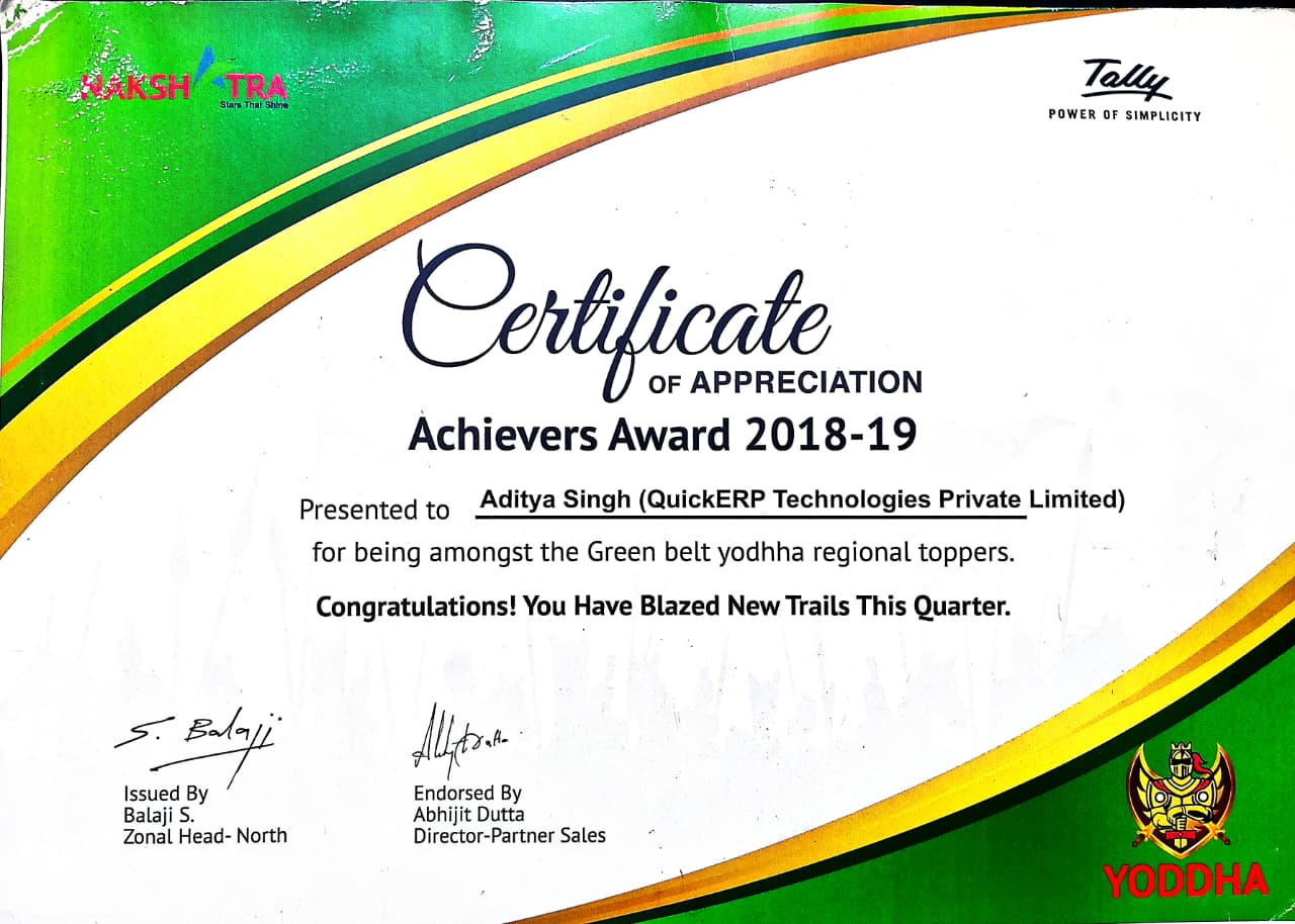 Tally Yodha certification showing authorized Tally Yodha partner and accounting software expertise